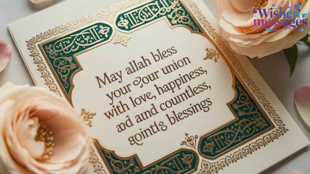 Beautiful Islamic wedding card with teal gold border, Arabic calligraphy, and dua for union blessings - Nikah wishes