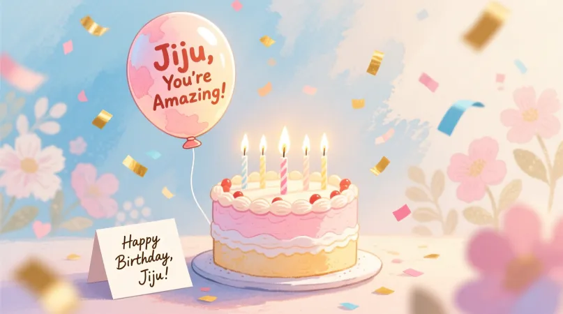 Happy Birthday Jiju! Adorable pink cake, glowing candles & “You’re Amazing!” balloon. Sweet floral backdrop, confetti & heartfelt wishes for your special day.