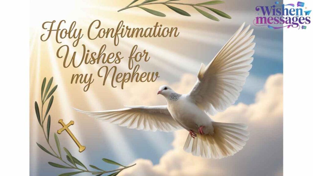 Holy Confirmation wishes for nephew - White dove, golden cross & olive branch Christian greeting card