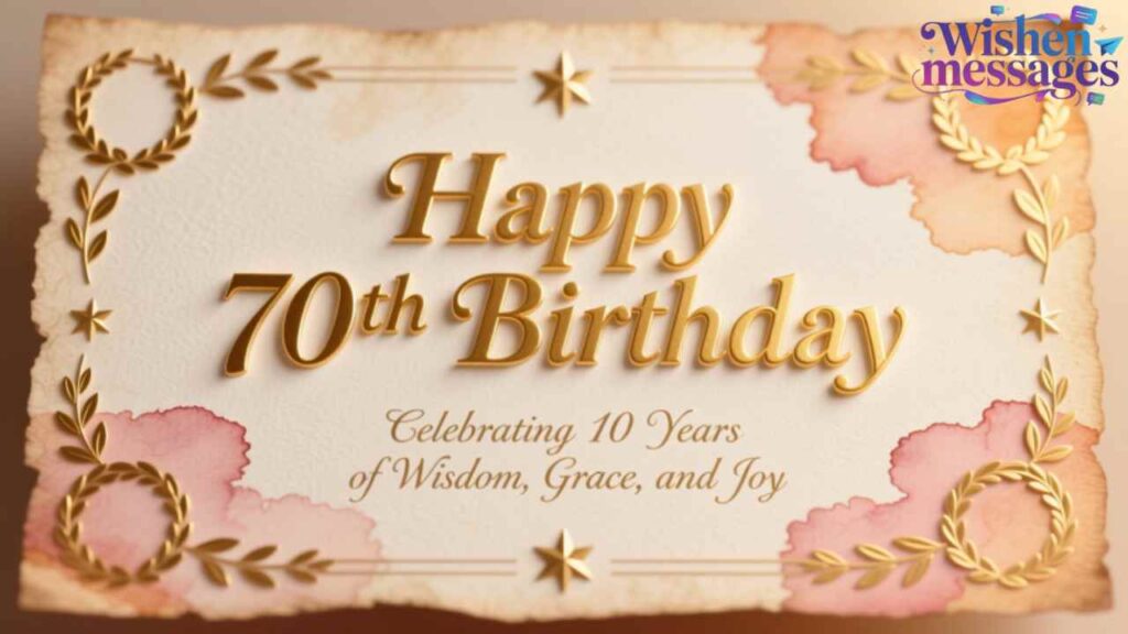 Gold 70th birthday card with pink watercolor design — celebrating wisdom, grace, and joy for milestone birthday wishes.
