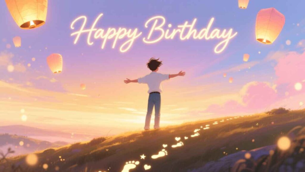Happy Birthday wishes with glowing lanterns rising at sunset. Boy stands on hill, arms open, celebrating under a magical sky with heart-shaped footprints.