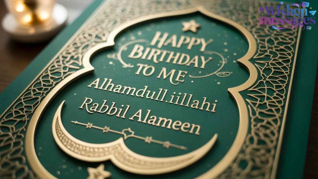 Happy Birthday to Me — Alhamdulillahi Rabbil Alameen” Islamic birthday greeting in elegant gold Arabic calligraphy on deep green background with crescent moon and stars. Perfect for Muslim birthday wishes, spiritual celebrations, and personalized Islamic decor.