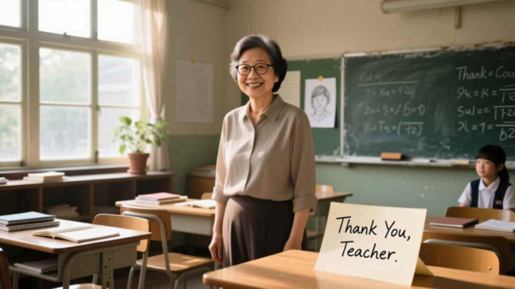 Smiling teacher in classroom with “Thank You, Teacher” card on desk. Ideal for Teacher Appreciation Day, school gratitude, or educational gift ideas.

