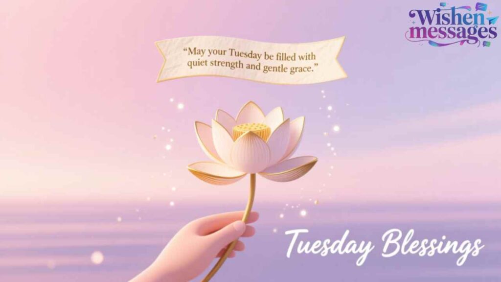 Gentle Tuesday blessing with lotus flower, soft pastel sky, and inspiring quote for calm, strength, and grace on your day.