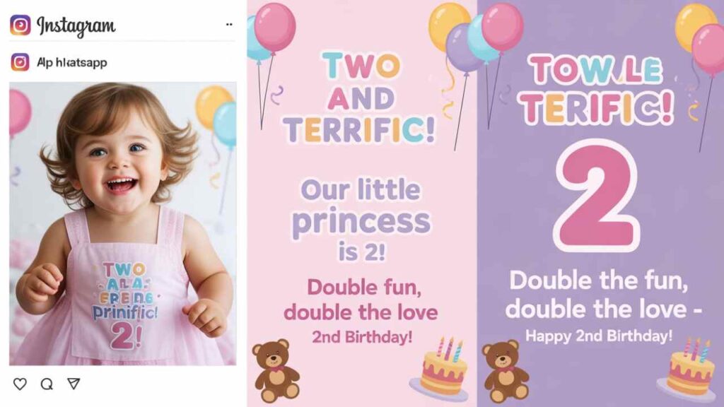 Cute 2-year-old girl in “Two and Terrific” dress celebrates 2nd birthday with pink balloons, teddy bears, cake, and fun “Tow Le Terific” graphics.