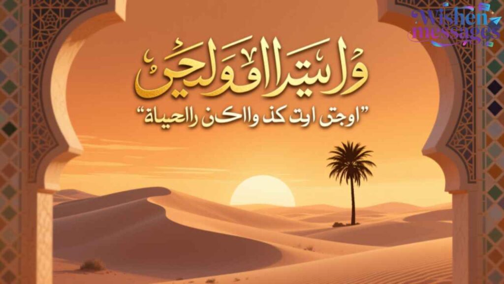 Islamic birthday wish in Arabic: ‘Wala Yatafawwajin’ — ‘May God grant you health & long life.’ Desert sunset with arch frame.