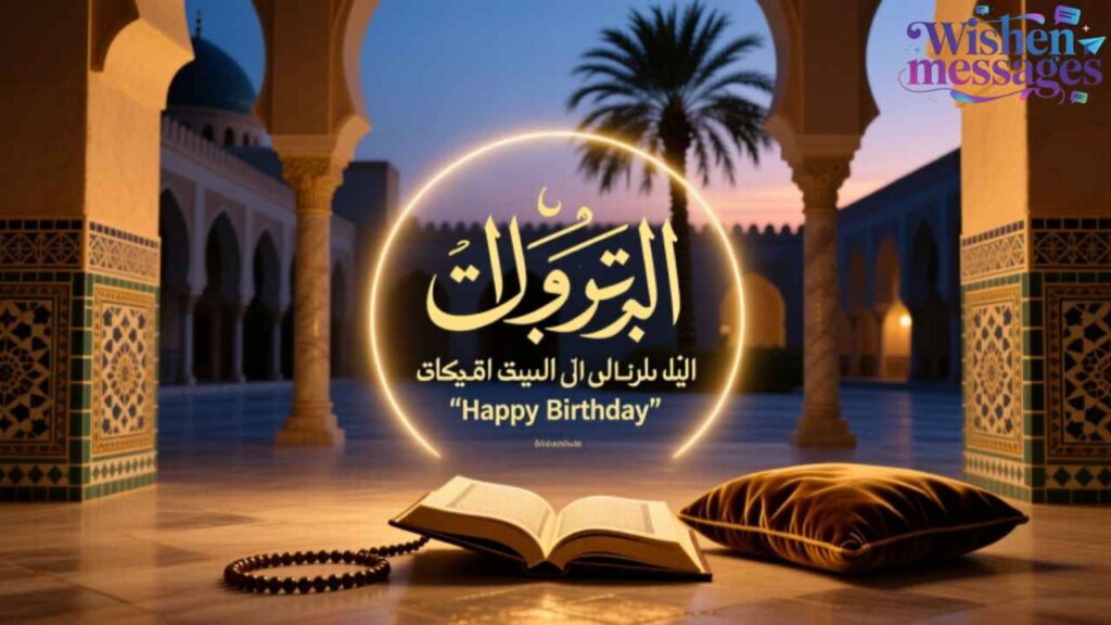 Islamic birthday greeting with Arabic "Happy Birthday," open Quran, prayer beads, mosque courtyard at dusk, perfect for Muslim celebration wishes.

