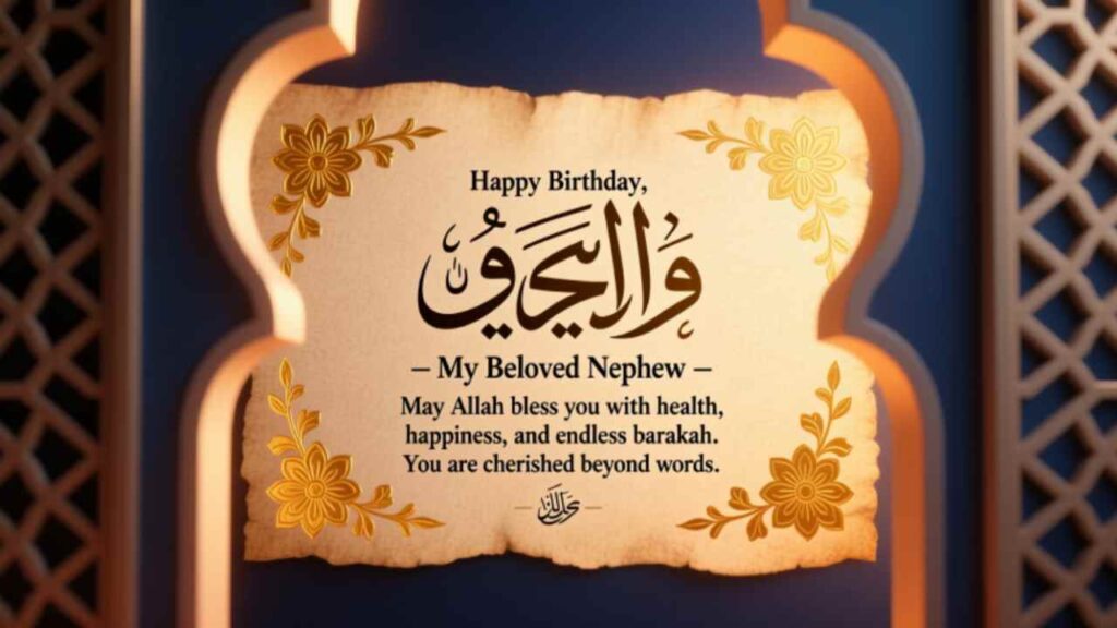 Elegant Islamic birthday card for nephew with Arabic calligraphy, golden flowers, and heartfelt prayer for health, happiness, and barakah.