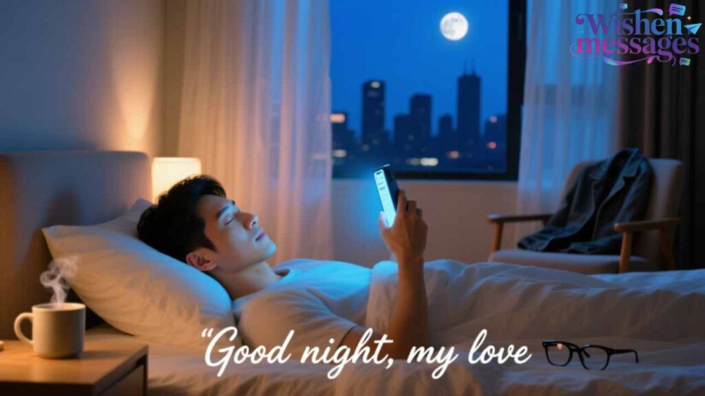 Man in bed reading good night message on phone under moonlight, city skyline view, cozy bedroom with steaming coffee – romantic good night wishes from Wishen Messages