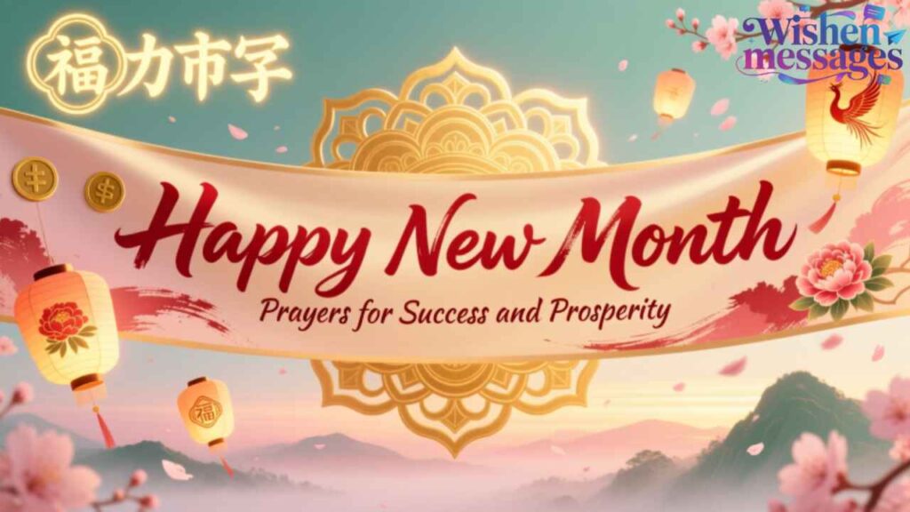Happy New Month banner with golden mandalas, lanterns, cherry blossoms, mountains — prayers for success, prosperity, and good fortune.