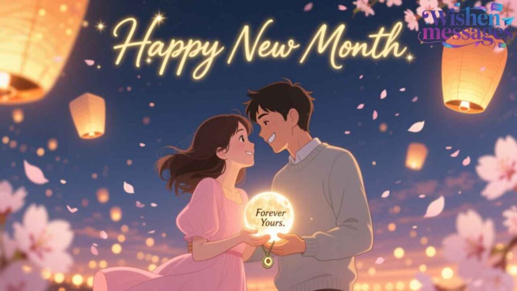 Romantic couple in snowy cherry blossom scene holding "Happy New Month" lantern, heartfelt love message for partner.