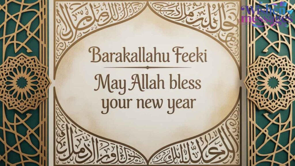 Barakallahu Feeki — May Allah bless your new year” in Arabic calligraphy with gold & teal Islamic geometric art. Spiritual Muslim New Year blessing.