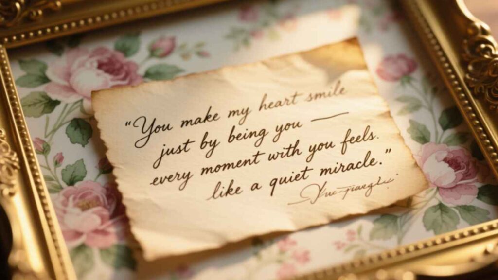 Romantic quote on vintage paper in gold frame, floral background. Perfect for love, relationships, Valentine’s Day, or heartfelt gifts.