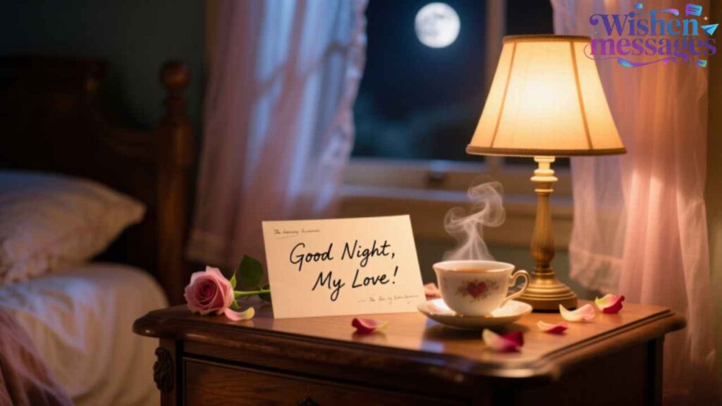Romantic good night message “Good Night, My Love!” on bedside table with steaming tea, pink rose, moonlight — sweet love note for partner from WishedMessages.