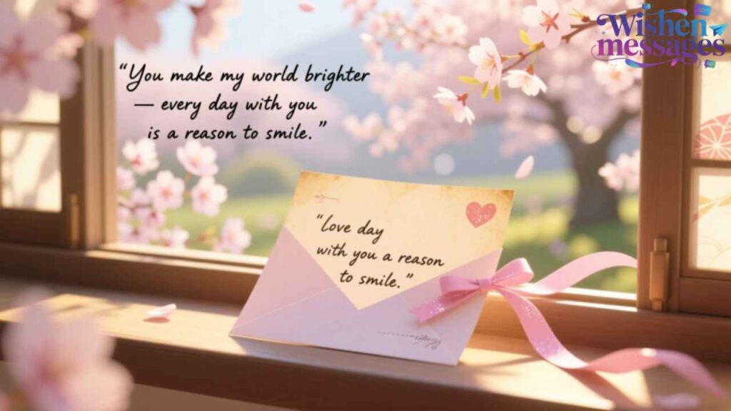 Sweet love message “You make my world brighter” on window sill with cherry blossoms, pink ribbon envelope — perfect romantic quote for partner or spouse from WishedMessages.