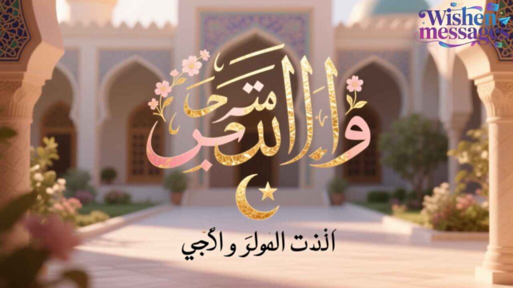 Golden Arabic calligraphy “وَاللهِ مُتَحَبِّب” with crescent, star, flowers, against ornate Islamic architecture courtyard background.