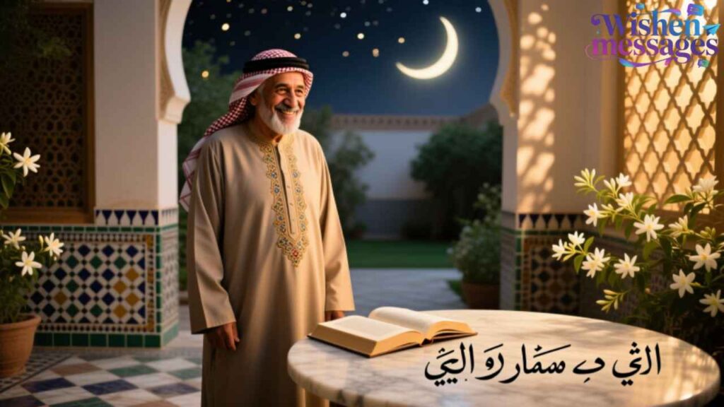 Happy Birthday in Arabic: ‘Ala bismar al-bayti’ — elderly man in thobe smiles under moonlit arch, perfect Islamic birthday wish for dad.