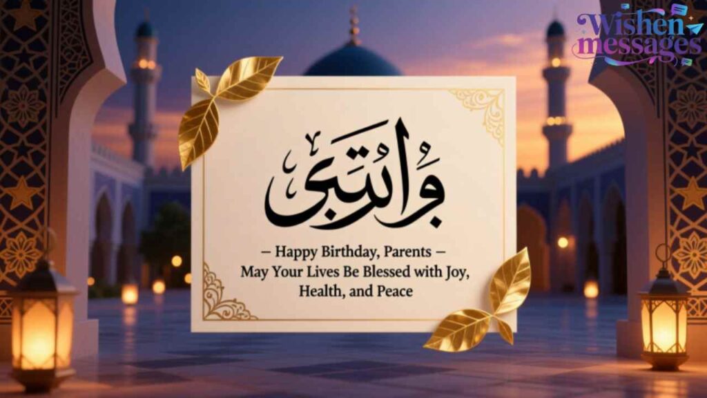 Elegant Arabic birthday wish for parents with mosque backdrop, lanterns, golden leaves. Blessings of joy, health, and peace.