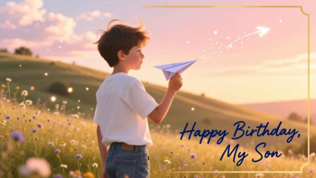 Happy Birthday, My Son! Boy launches paper airplane in golden sunset field, symbolizing dreams and joy. Perfect heartfelt birthday wish for your child.
