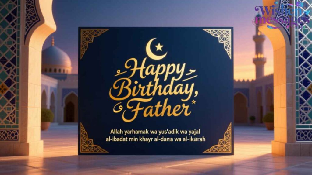 Happy Birthday Father card with Arabic Islamic wishes, moon & star, mosque background. Perfect for Muslim dads' celebrations.