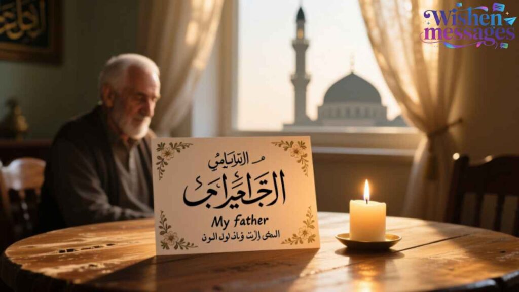 Elderly man with "My Father" card, lit candle, mosque view, Arabic text, warm light, emotional tribute for Father's Day or remembrance.