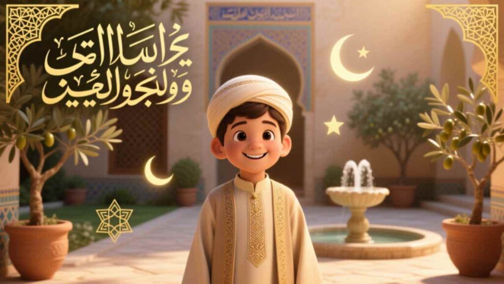 Cute Muslim boy in traditional attire smiles in a courtyard with fountain, olive trees, crescent moon, and Eid Mubarak greeting.