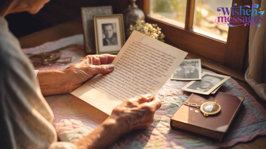 Elderly woman reading heartfelt farewell letter with old photos and locket - Emotional goodbye memory card
