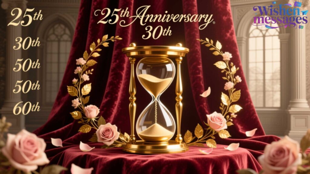 Golden hourglass on red velvet, celebrating 25th, 30th, 50th, 60th anniversaries with pink roses and elegant gold accents.