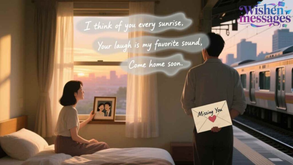 Longing couple separated by train station, woman holds photo, man holds "Missing You" letter, sunrise love message.