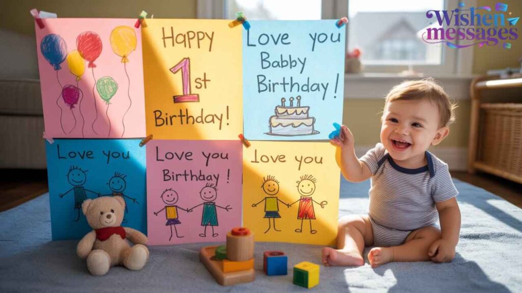 "Happy 1st birthday baby boy with handmade colorful posters, teddy bear & toys - First birthday wishes