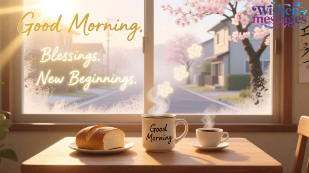 Good Morning Tuesday blessings with steaming coffee, fresh bread, cherry blossoms outside window—warm, cozy scene for new beginnings and peaceful start to day.