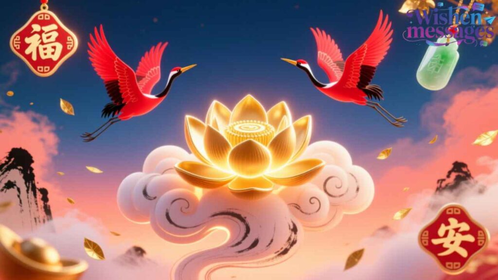 Golden lotus, red cranes, and Chinese blessings for luck & peace in a mystical sky with clouds and mountains.

