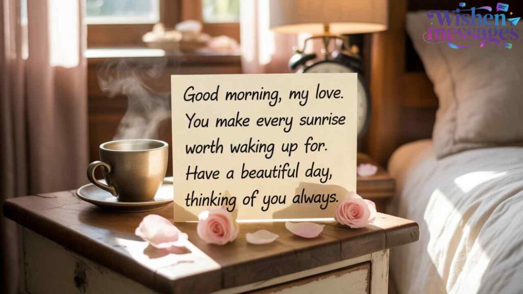Romantic good morning love message with steaming coffee, pink roses, and cozy bedroom sunrise. Sweet greeting card for her/him.