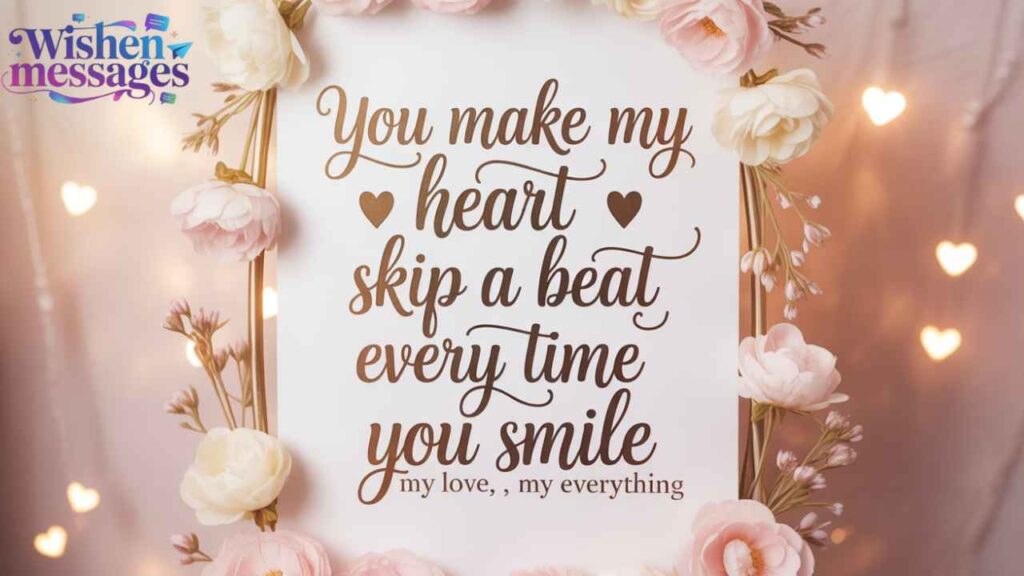 Romantic love quote card: "You make my heart skip a beat every time you smile, my love, my everything" with pink roses and hearts.