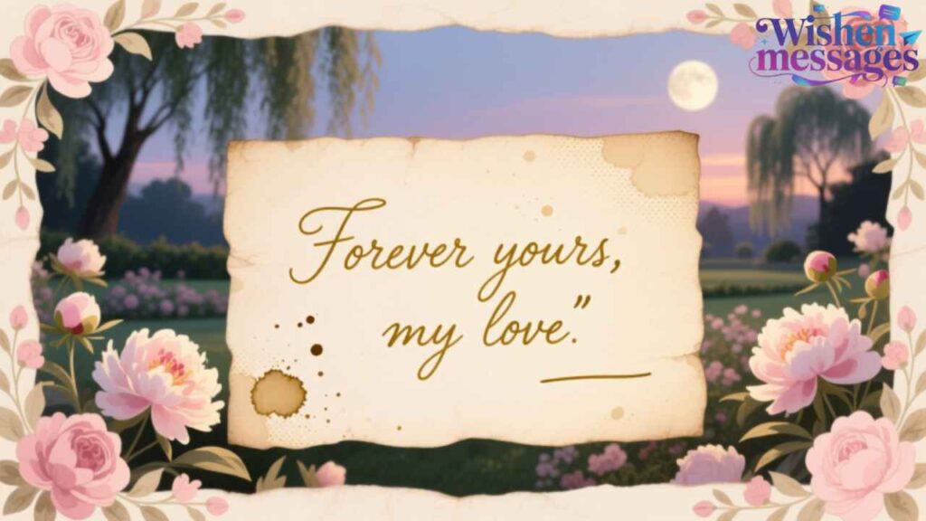 “Forever yours, my love” romantic quote on vintage paper with pink roses, willow trees, moonlit garden — sweet eternal love message for partner from WishedMessages.
