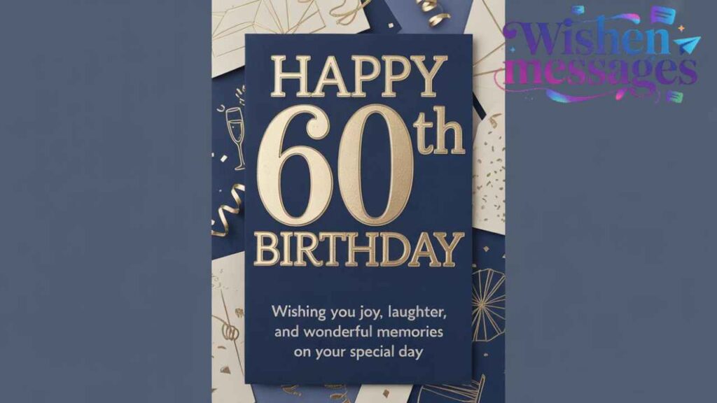 Elegant navy and gold Happy 60th Birthday card with champagne and confetti: "Wishing you joy, laughter, and wonderful memories on your special day."