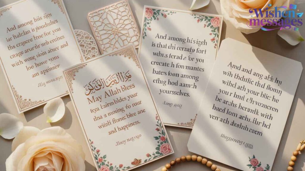Elegant Islamic wedding wishing cards with Arabic dua, pink roses, and golden frames - Nikah walima greeting cards
