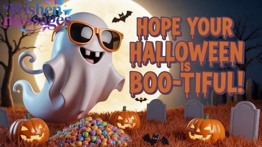Cool ghost wearing sunglasses with Halloween candies, jack-o-lanterns, graveyard, and full moon wishing Hope your Halloween is Boo-tiful!