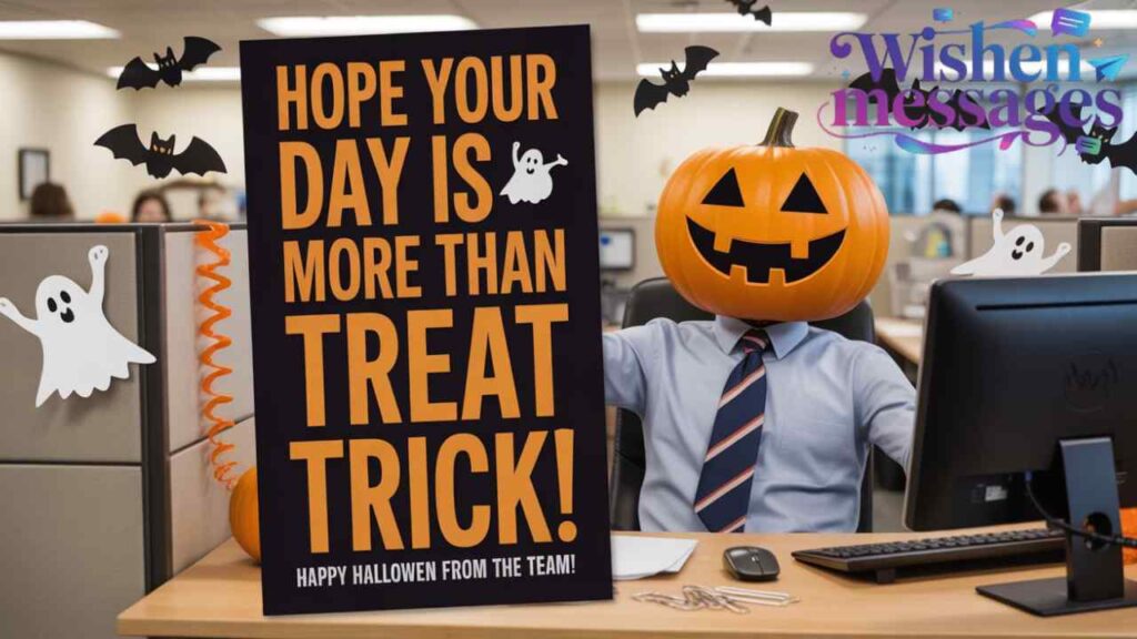 Halloween office fun: employee with pumpkin head, ghost decorations, bats, and 'Hope your day is more than treat trick!' greeting card.
