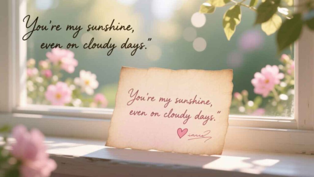 “You’re my sunshine” love quote on vintage note by sunny window with pink flowers. Ideal for Valentine’s Day, romance, or uplifting relationship content.