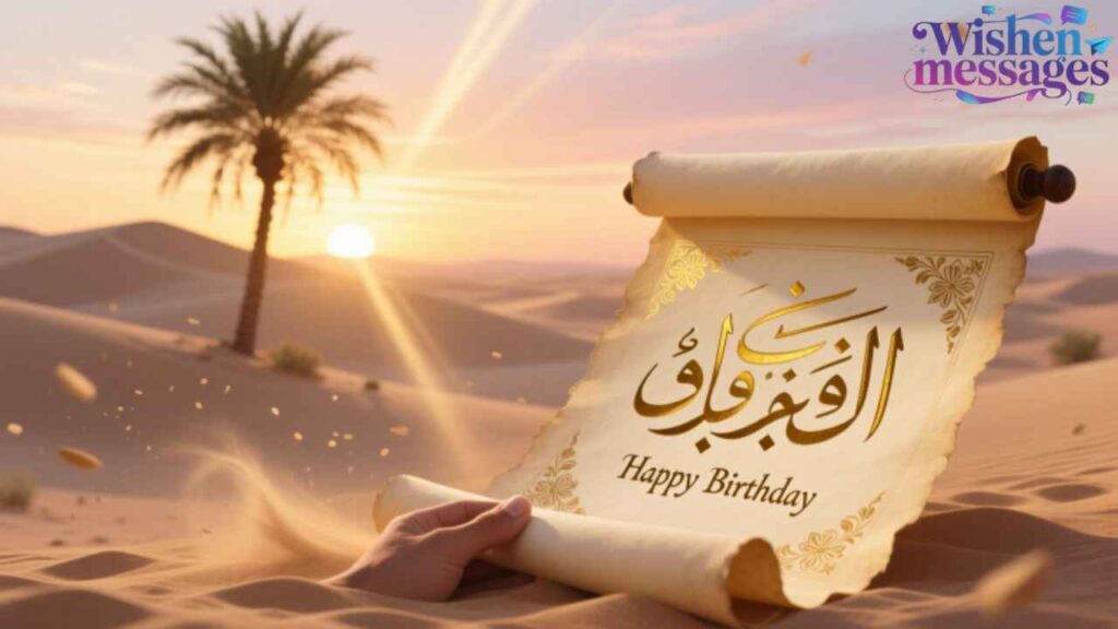 Happy Birthday in Arabic on desert scroll with palm tree sunset. Islamic birthday wish for loved ones, perfect for social media sharing.