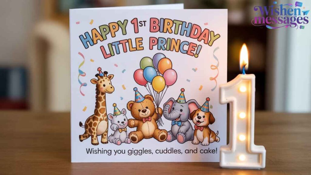 Happy 1st birthday little prince card - Cute animals, balloons & glowing number 1 candle wishes