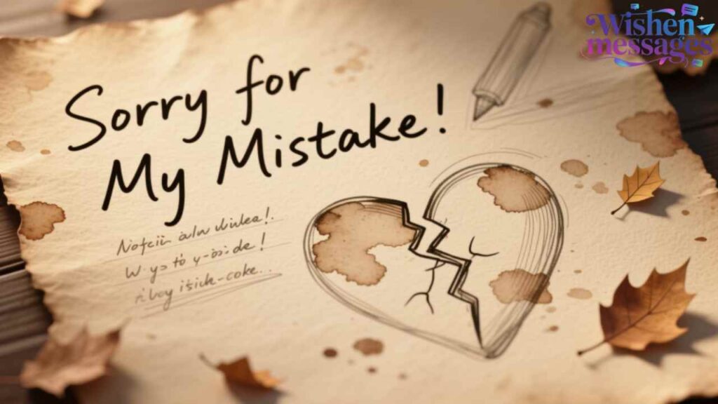 Sorry for my mistake - Broken heart vintage note with coffee stains & autumn leaves apology card