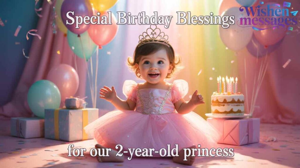 Adorable 2-year-old princess in pink dress celebrates birthday with cake, balloons, gifts, and confetti under rainbow light for special blessings.