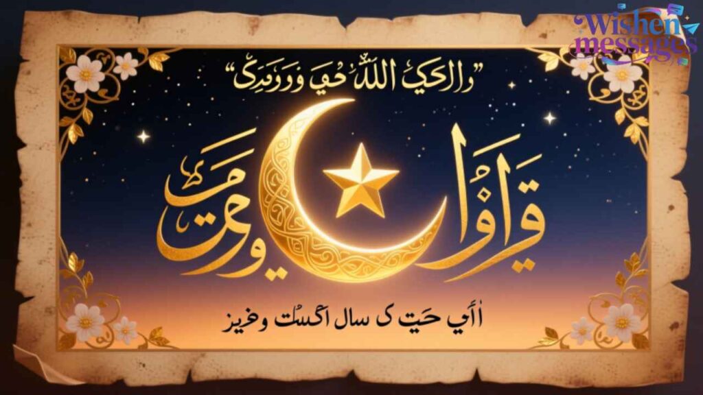 Golden crescent moon and star on starry night sky, Arabic Islamic New Year greeting "Happy New Year" with Urdu translation, floral borders, festive design.