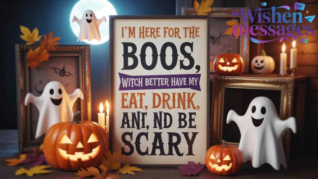 A festive Halloween scene with smiling ghosts, glowing jack-o'-lanterns, candles, and a humorous sign for spooky fun.