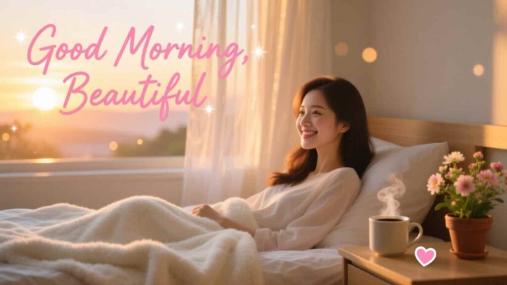 A serene woman smiles in bed at sunrise, sipping coffee with flowers nearby, embodying peaceful morning joy and self-care rituals.