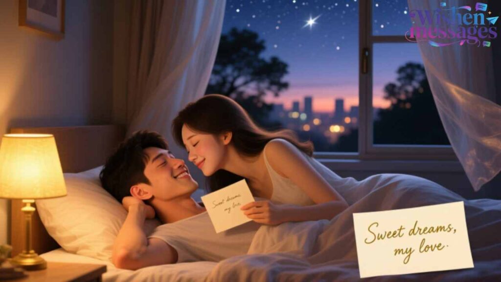 Romantic couple in bed sharing sweet dreams note under starry night sky, city lights view – cozy bedtime love message from Wishen Messages