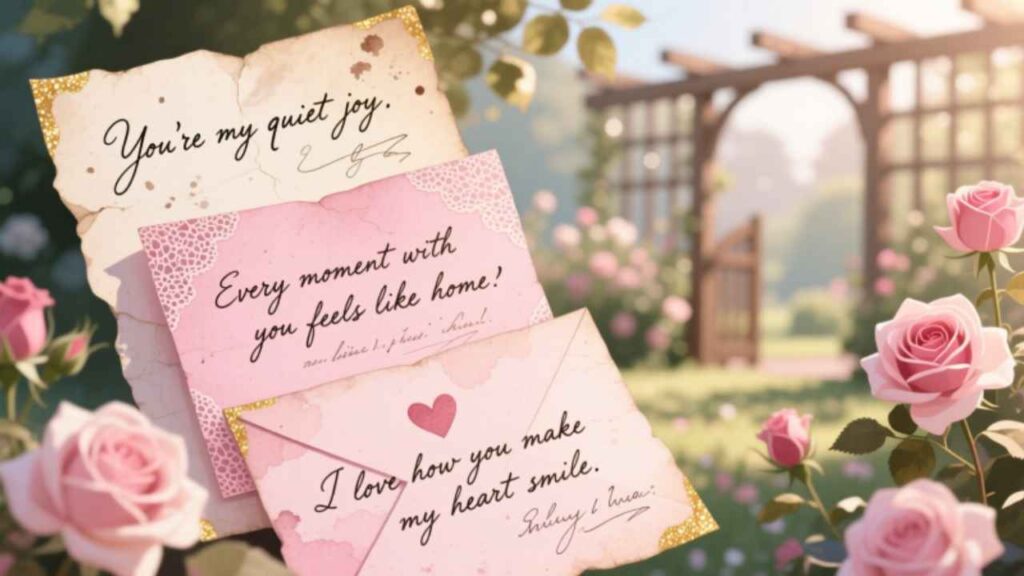 Romantic love notes with pink roses in a garden. Perfect for Valentine’s Day, anniversaries, or heartfelt messages about joy, home, and smiles.