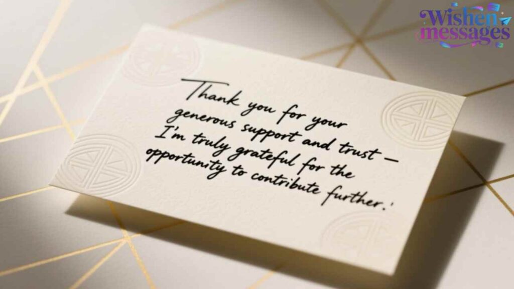 Elegant handwritten thank you note: ‘Thank you for your generous support and trust — I’m truly grateful for the opportunity to contribute further.’ Perfect for expressing gratitude for financial or emotional support.